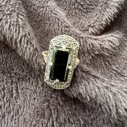 Antique Sterling Marcasite Onyx Ring ~ Size 5 3/4 ~
