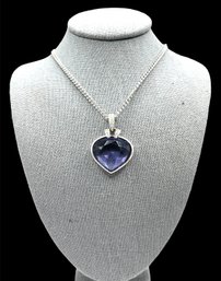 Vintage Sterling Silver Chain With Beautiful Amethyst Color With Clear Stones Heart Shaped Pendant