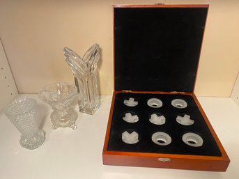 Imperial Estate Crystal Tic Tac Toe In Wood Box & 3 Crystal Vases