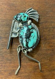 Figural Kokopelli Sterling Turquoise Pin/Pendant ~ Signed M. Begay ~