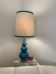 1970s Blue/Green Marble-glaze Ceramic Table Lamp, With Original Blue- And Green-trimmed Shade