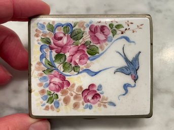 Porcelain Blue Bird Decorated Makeup Compact With Mirror