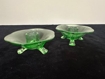 Fostoria Green Glass Footed Candlestick Holders