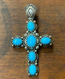 Beautiful Signed Carolyn Pollack American West Blue Turquoise Cross Pendant