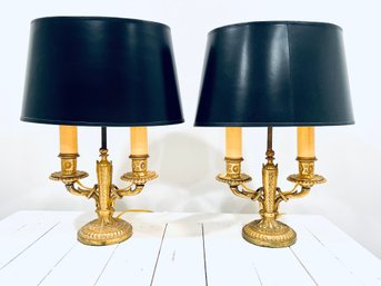 Pair Petite Antique Double Candleabra Lamps In Brushed Gold (LOC: F2)