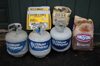 Three Propane Tanks Plus Extend A Flow Portable L.P. Gas Adapter Kit, Kingsford Charcoal