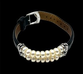 Vintage HONORA Genuine Leather Pearl Color Beaded Bracelet