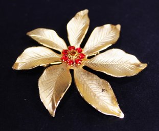 Vintage Large Gold Tone Flower Brooch Having Red Rhinestones