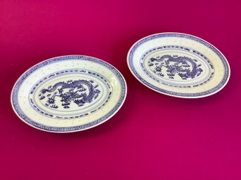 Blue And White Dragon Painted Dishes Set Of 2