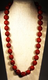 Vintage Chinese Hand Carved Fine Cinnabar Beaded Necklace 24' Long