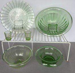 VTG 6 Pcs. Uranium-Vaseline Glass Lot 2 Shot Glasses, 9' Plate, 2 Ribbed Federal Glass Bowls, Rolled Edge Bowl