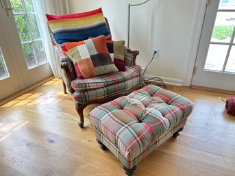 Plaid Cushioned Arm Chair With Ottoman