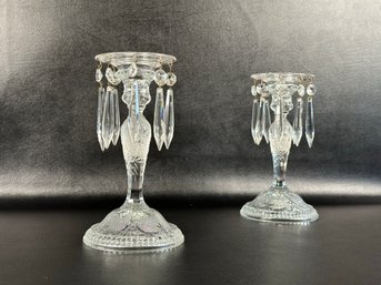 A Pair Of Vintage Sandwich Glass Candlesticks With Crystal Drop Toppers