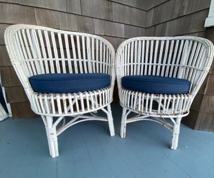 Two Vintage White Painted Rattan Barrel Chairs