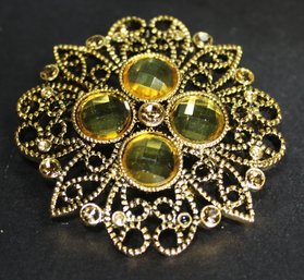 Vintage Gold Tone Brooch Having Yellow Glass Stones