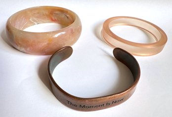 3 Vintage Bracelets: Natural Stone, Lucite & Copper Reading 'The Moment Is Now'