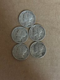 Lot Of 5 Mercury Dimes 90 Silver