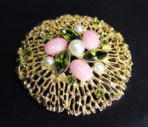 Large Gold Tone Brooch Pink, Green Stones Having Faux Pearls Sarah Coventry