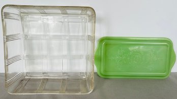 2 VTG Refrigerator Glass Pcs. 10' X 5.25' Jadeite Lid ONLY & 8.5' Squared Hazel Atlas Criss Cross Dish NO LID