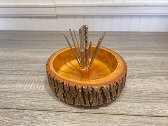 Vintage Live Edge Wood Nut Bowl With Nutcracker And Picks