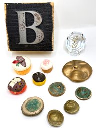 6 Handmade Buddha Zen Luck Tokens, Letterpress Stamp, Crystal 'E' & 4 Hand Made Miniature Cakes