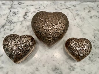 Set Of Three Floral Decorated Nesting Silver Plated Heart Boxes