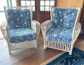 Pair Of Vintage White Painted Wing Back Rattan Club Chairs