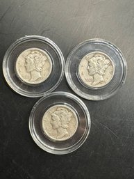 3 Mercury Dimes 1942, 1942-D, 1942-S