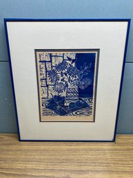 Framed, Matted And Signed Blue Ink Linoleum Cut Print Of Sunflowers In Vase. Signed J. Meccanello?