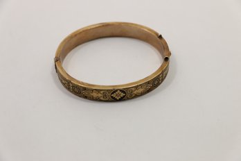 Vintage  Gold Filled Winard Etched Enamel Hinged Cuff Bracelet