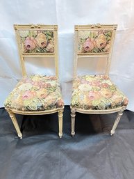 Pair Of French Carved Slipper Chairs With Tapestry Style Fabric