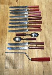 Mid Century Red Bakelite Handled Utensils Including Sta-Brite, Molly Pitcher And Lamson Goodnow