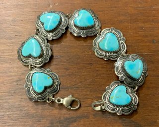 Artisan Signed QT (Quoc Turquoise) Sterling Silver Southwestern Design Turquoise Hearts Bracelet