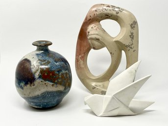 Art Pottery Vase, Ceramic Origami Bird Figurine And An Abstract Sculpture