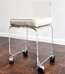 A Vintage Lucite Vanity Seat With Back With Leather Cushion