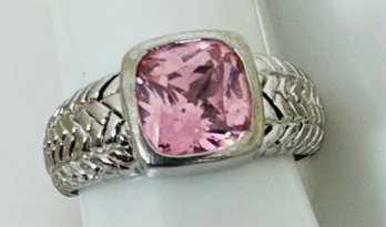PRETTY STERLING SILVER FACATED PINK GLASS RING