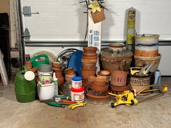 A Large Assortment Of Gardening Items: Terracotta Planters, Hand Tools & More