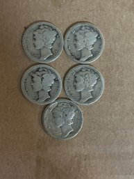 Lot Of 5 Mercury Dimes 90 Silver