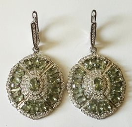 STERLING SILVER GREEN AND WHITE STONE DANGLE EARRINGS