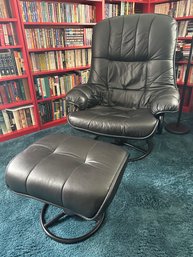Danish Postmodern Leather Lounge Chair And Ottoman - Ekornes Style