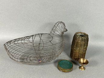 Vintage Wire Chicken, Wicker Wrapped Vase, LaMay Face Powder & Small Brass Cup