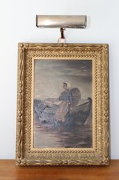 Antique Signed & Beautifully Oil On Canvas Woman Resting On A Boat With Display Light