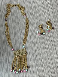 Fringed Multi-chain Boho Statement Necklace And Matching Earrings In Gold Finish