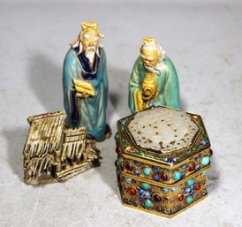 Chinese Gilt Silver Lidded Box W Carved Jade Enamel Cabochon Stones (one Stone Missing) And Mud Men