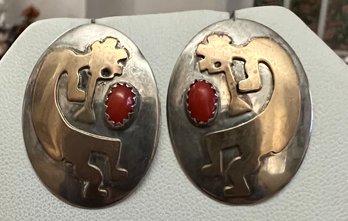 VINTAGE NATIVE AMERICAN STERLING SILVER AND CORAL KOKOPELLI EARRINGS