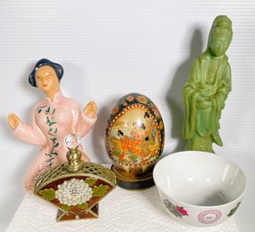 Enamel & Brass Cloisonne Perfume Bottle, Satsuma Style Egg, Chinese Bowl, Geisha Figure & Avon Pomander