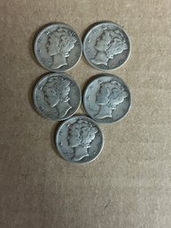 Lot Of 5 Mercury Dimes 90 Silver