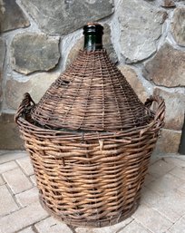 Vintage Large French Demijohn Green Glass Bottle In Woven Wicker Basket