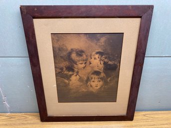 Gorgeous Antique Framed And Matted Print Of Child Faces. Religious?