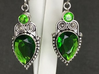 Fantastic Brand New 925 / Sterling Silver Drop Earrings With Green Russian Tsavorite - Very Pretty Pair !